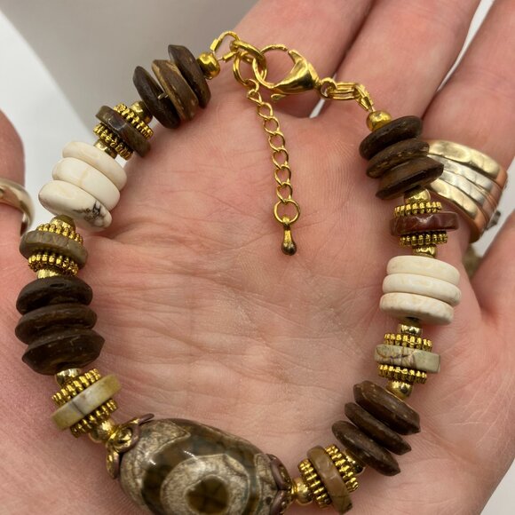 dZi + Tibetan Oval Agate dZi Bead Bracelet 7 in Lobster Clasp Adjustable NEW - Picture 2 of 7